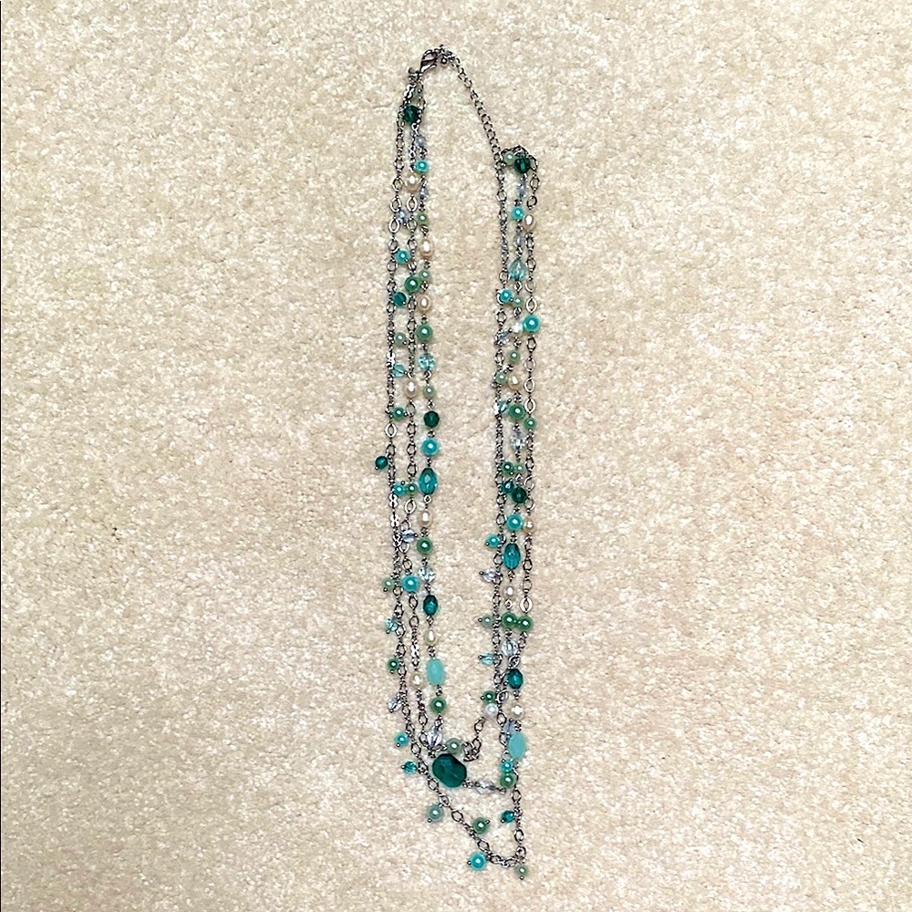 Silver and Green Multi-Strand Necklace with Layered Design